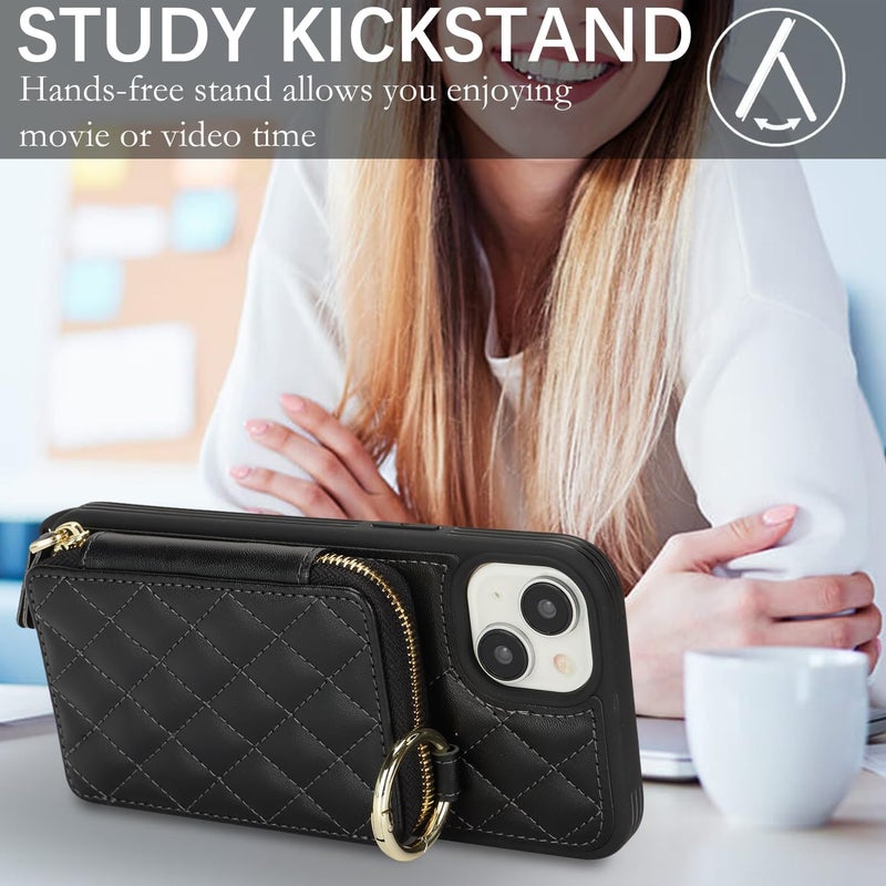 Hamany Crossbody Wallet Case for iPhone 14, PU Leather Zipper Handbag Purse Flip Cover, Kickstand Folio Case with Card Slots Holder Wrist Strap Lanyard 5G 6.1 Inch-Black - Image 4